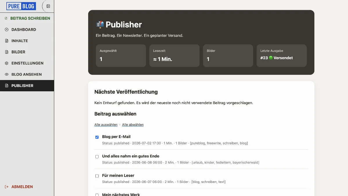 Admin-Oberfläche von Pure Blog mit integriertem Publisher