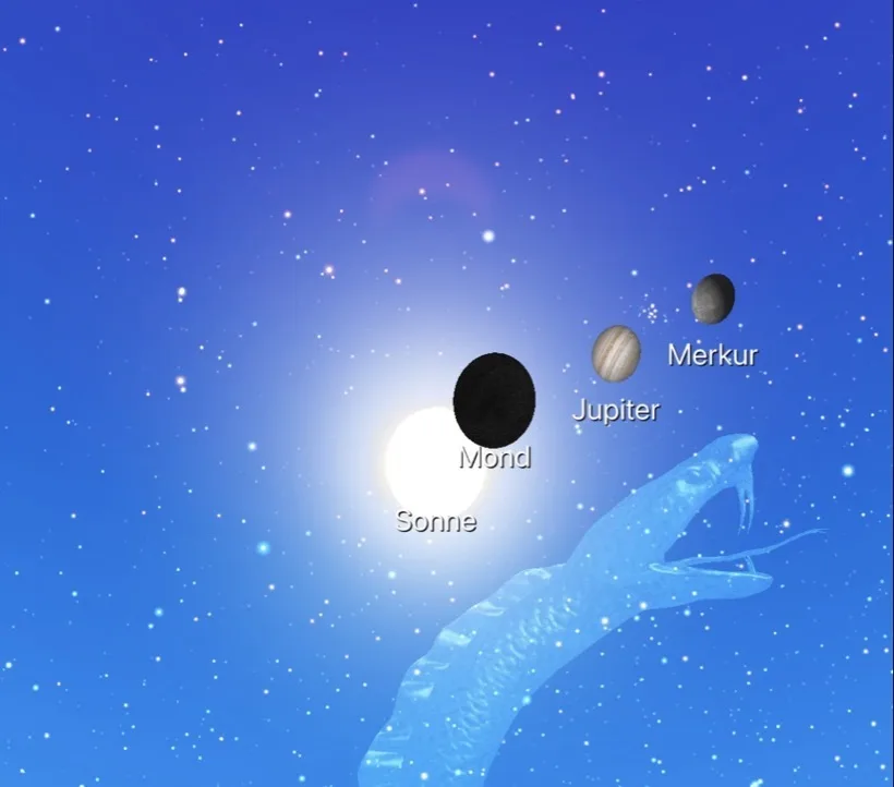 Bildschirmfoto einer Himmelsatlas-App mit Sonne, Mond rechts darüber und den Planeten Merkur und Jupiter auch rechts oben