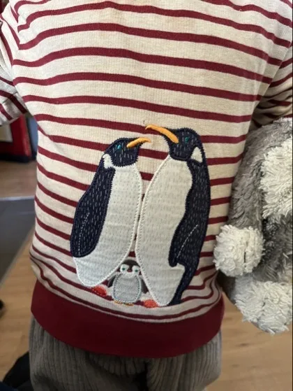 Roter und weiß gestreifter Pullover mit einer applizierten Stickerei von zwei schwarzen und weißen Pinguinen mit orangenen Schnäbeln und einem kleinen Küken zwischen ihren Füßen. Rechts neben dem Oberkörper ist ein graues, flauschiges Kuscheltier sichtbar.