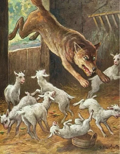 Brauner Hund oder Wolf springt mit geöffnetem Maul durch eine offene Stalltür in eine Scheune. Mehrere weiße Zicklein springen und weichen zurück; im Vordergrund liegt ein umgestürztes Holzgefäß, an der Wand hängt eine Heugabel.