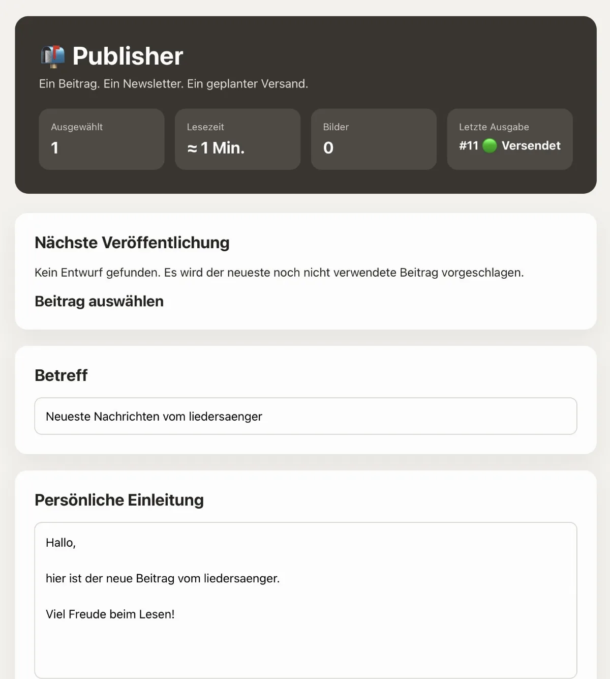 Benutzeroberfläche des Publisher