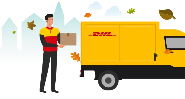 Ein Mann in gelb-roter Uniform hält ein Paket in beiden Händen neben einem gelben Lieferwagen mit rotem DHL-Logo. Im Hintergrund stilisierte Gebäude, Wolken und mehrere herabfallende Blätter.