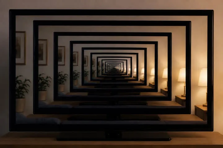 Ein großer Flachbildfernseher steht mittig auf einem Holzmöbel in einem gedämpft beleuchteten Wohnzimmer. Auf dem Bildschirm ist genau derselbe Fernseher zu sehen – wiederum mit demselben Bild auf seinem Bildschirm. Dieses Muster wiederholt sich immer weiter und bildet einen scheinbar endlosen Tunnel aus ineinander verschachtelten Fernsehbildern, die mit jeder Wiederholung kleiner werden und im Zentrum der Bildfläche verschwinden.Zu beiden Seiten des Fernsehers sind identische Elemente des Wohnzimmers zu erkennen: warme Tischlampen mit beigen Lampenschirmen, Topfpflanzen und gerahmte Bilder an der Wand. Durch die unendliche Wiederholung erscheinen auch diese Gegenstände immer wieder und verstärken den Eindruck einer endlosen, symmetrischen Perspektive.Das Bild ist in warmen Braun- und Beigetönen gehalten. Die Beleuchtung wirkt ruhig und wohnlich, während die mathematisch präzise Wiederholung der Bildschirme eine surreale, fast hypnotische Wirkung erzeugt. Menschen sind nicht zu sehen. Das Motiv spielt mit der Idee der Unendlichkeit: Jeder Bildschirm enthält dieselbe Szene, die wiederum einen Bildschirm mit derselben Szene zeigt – ohne erkennbaren Anfang oder Ende.
