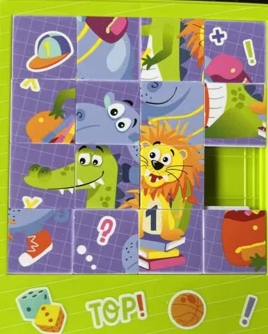 Schiebepuzzel für Kinder in einer chaotischen Ausgangssituation; Krokodil, Löwe und Nilpferd müssen richtig zusammengeschoben werden, ein Feld bleibt frei