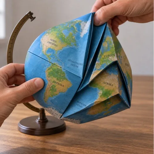 Zwei Hände halten und falten einen Globus, auf dem Länderbezeichnungen wie „Nordamerika“, „Südamerika“, „Afrika“ und „Europa“ auf Deutsch zu lesen sind. Im Hintergrund steht ein brauner Globusständer auf einer Holzoberfläche.